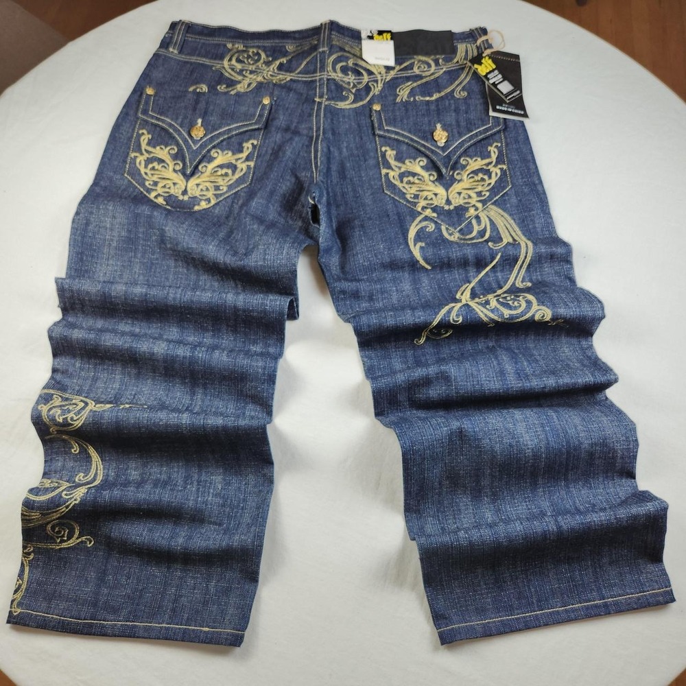 Delf Mens Baggy Skater Jeans 40x32 Dark Blue Gold Embroidered Y2K Hip Hop NWT